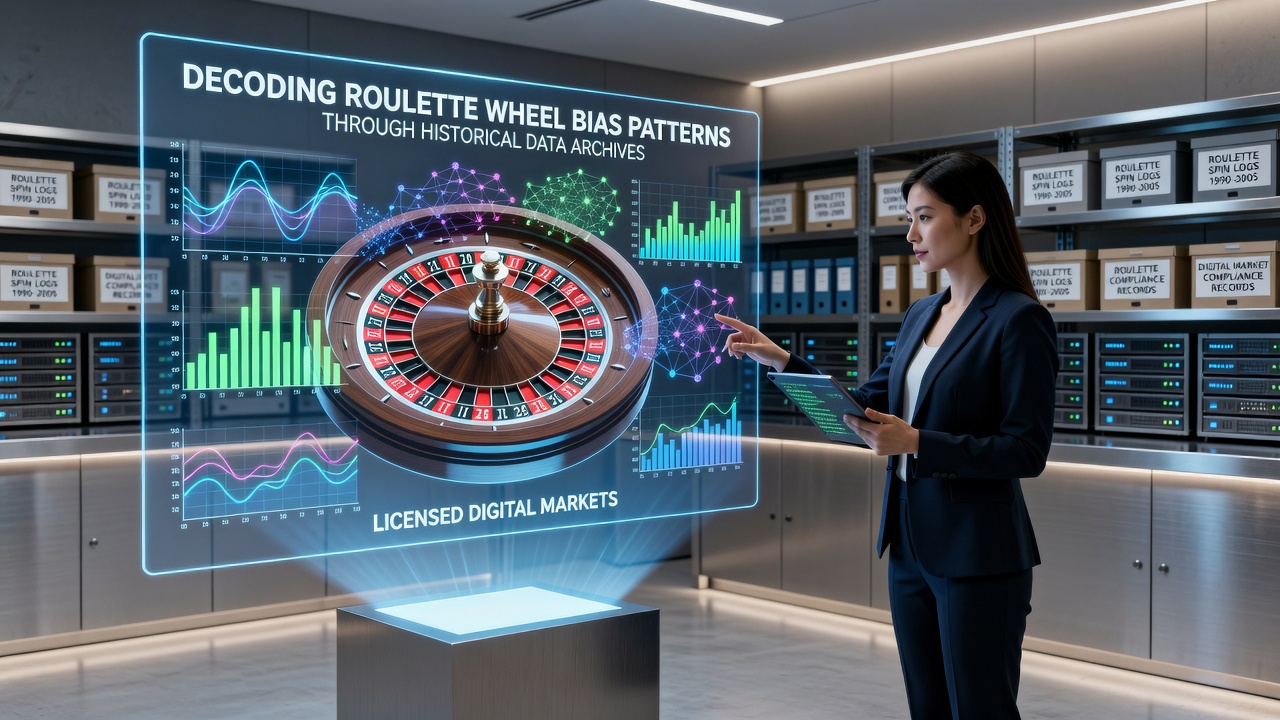 Roulette wheel with data overlays showing bias analysis in a licensed digital casino environment