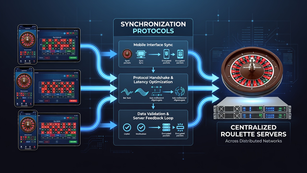 Server infrastructure diagram showing data synchronization paths for roulette systems
