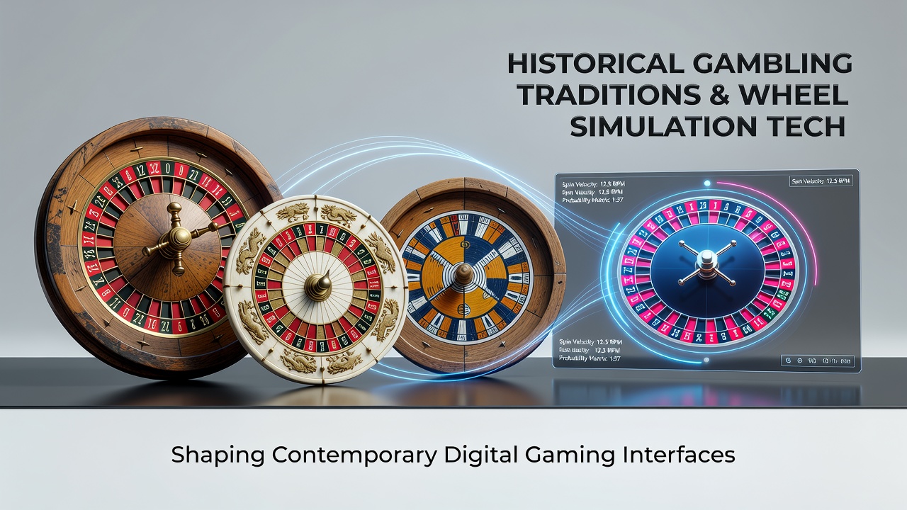 Historical roulette wheel designs from Europe and Asia displayed side by side with early mechanical components