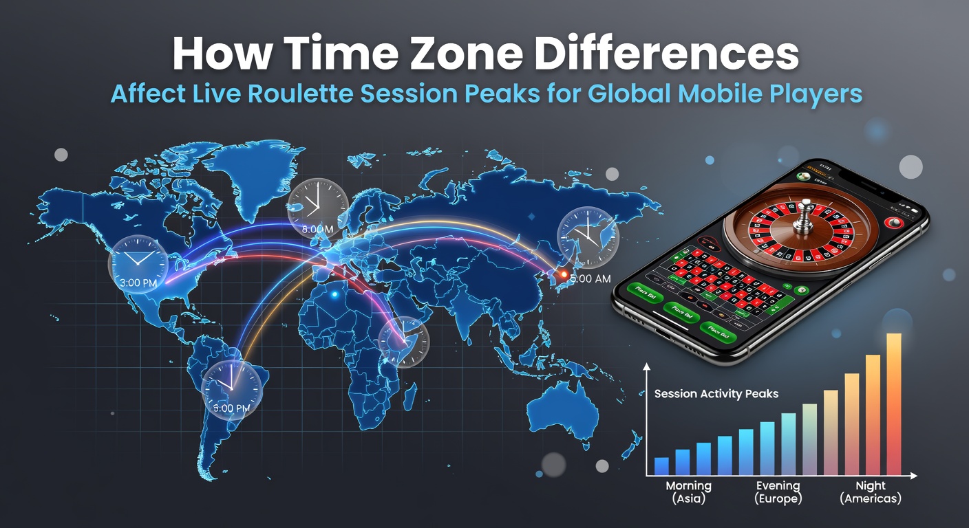 Global map showing time zones and mobile roulette activity peaks across regions
