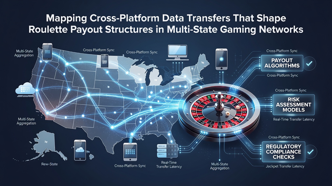 Network diagram illustrating synchronization of roulette payout data across state lines