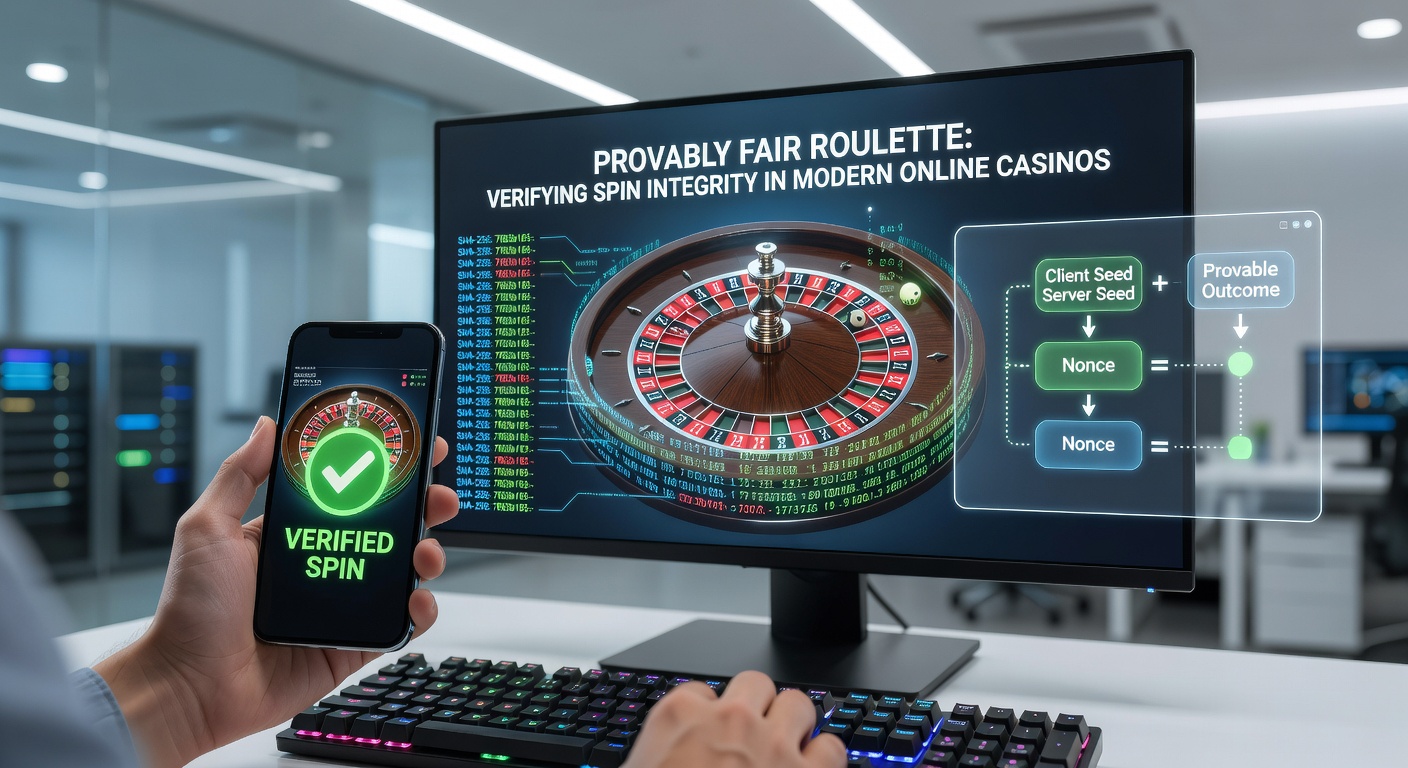 Close-up diagram of hash chain verification in provably fair roulette, illustrating server seed reveal, client input, and outcome matching on a digital roulette table
