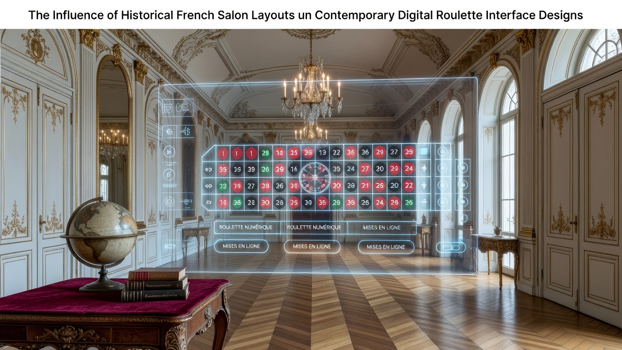 Historical French salon interior showing roulette table arrangement with elegant seating and spatial flow that later informed digital layouts