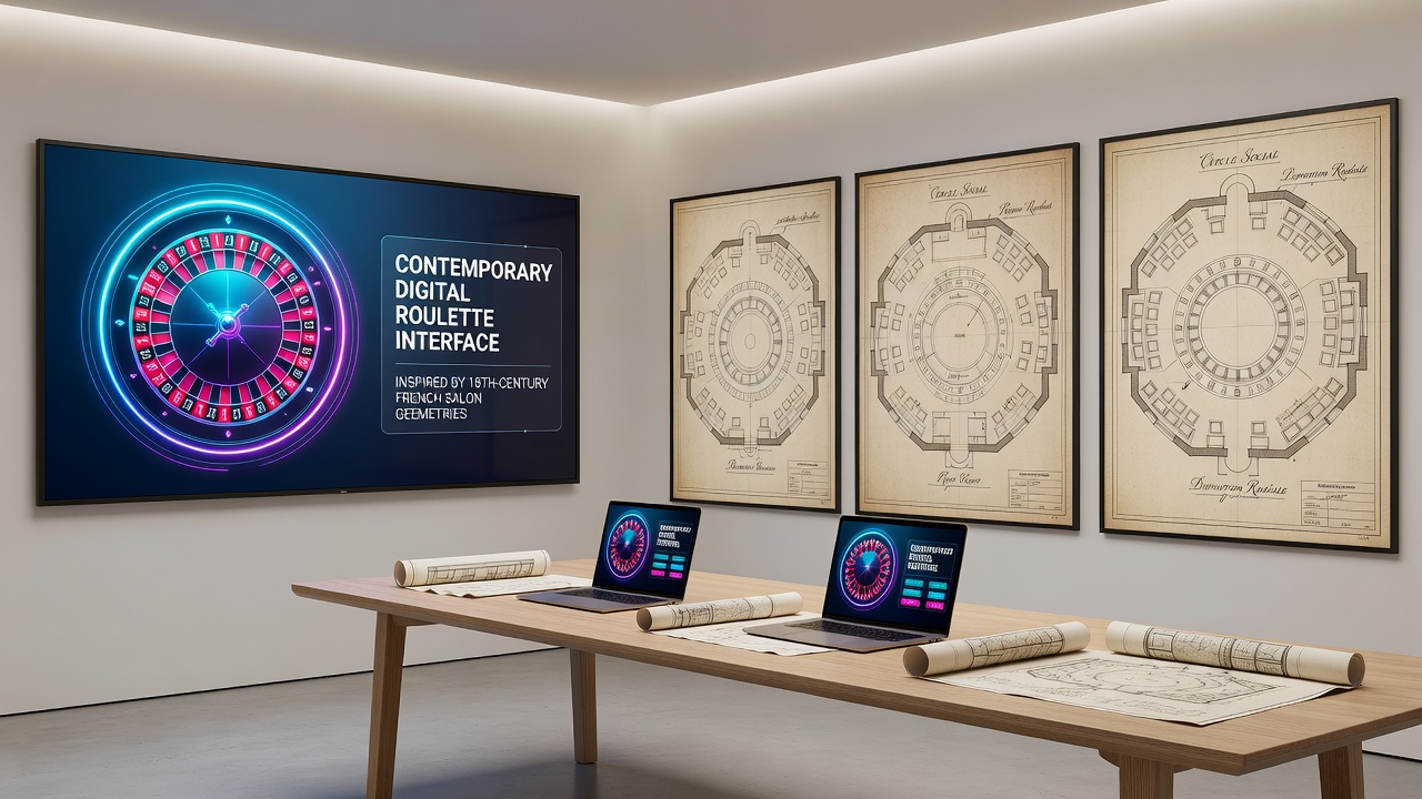 Modern digital roulette screen capturing salon-inspired symmetry with central wheel and zoned betting areas