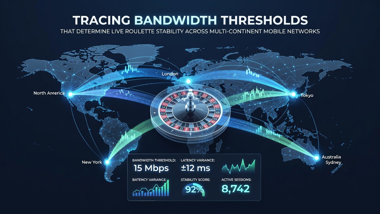 Global map overlay showing mobile network coverage zones and bandwidth test points for live casino applications