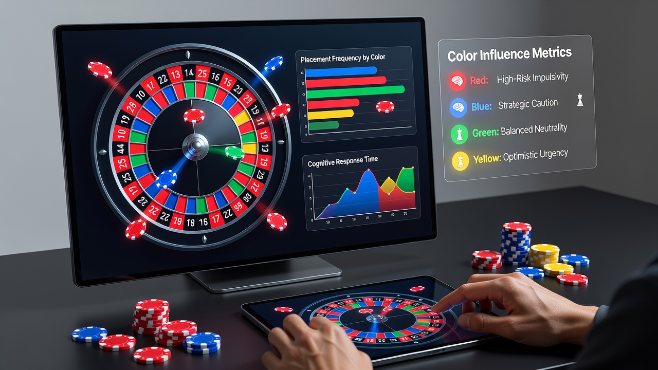 Close-up view of multicolored roulette chips arranged on numbered digital betting positions with subtle interface lighting effects